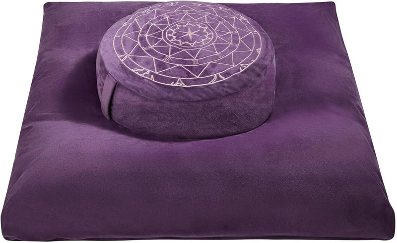 ellier Zafu & Zabuton Meditation Cushion Set - Buckwheat Hull & Memory Foam Pillows, Ergonomic Support for Yoga, Mindfulness - Organic Velvet Cover, Large Size, Durable Comfort (Purple) - Image 1